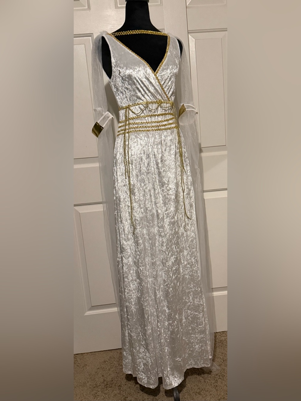 Greek Goddess White Crushed Velvet Maxi Dress with Gold Trim Costume